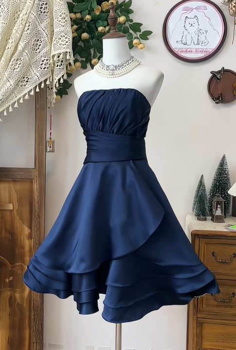 Simple Strapless Navy Blue Satin A Line Homecoming Dress Short Party Dress S457