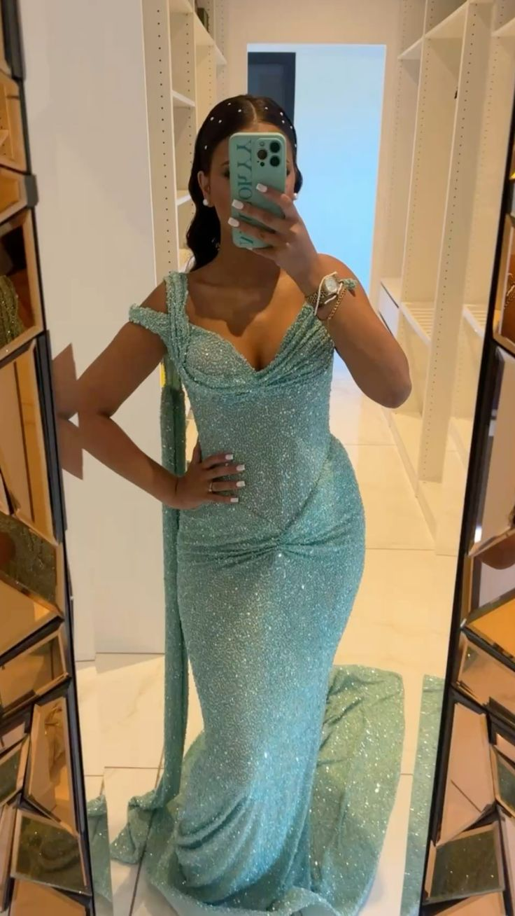 Shiny Sequin Pleated Mermaid Party Dress Blue One Shoulder Long Evening Gown D1303