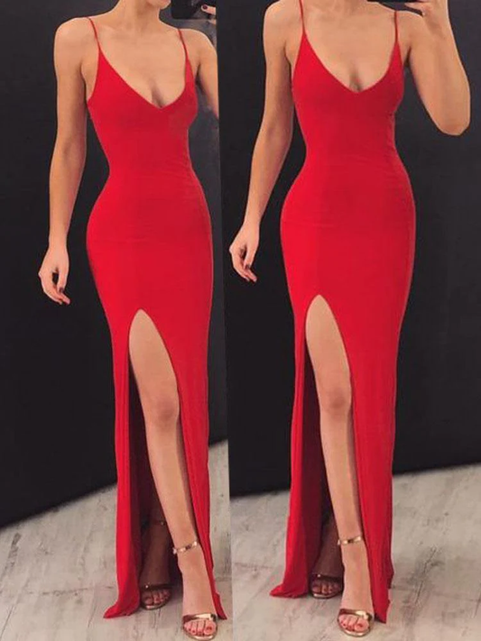 V Neck Spaghetti Straps Red Elastic Satin Slit Long Prom Dresses SH562