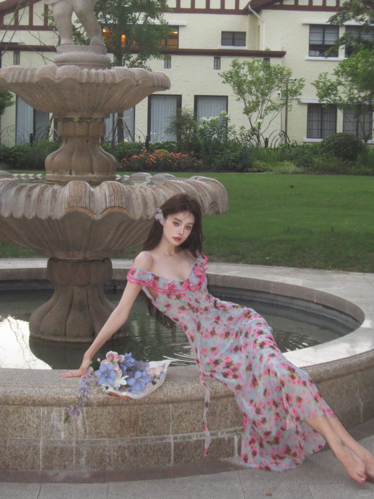 Romantic A Line Spaghetti Strap Print Floral Chiffon Prom Dress Outfits SH4486