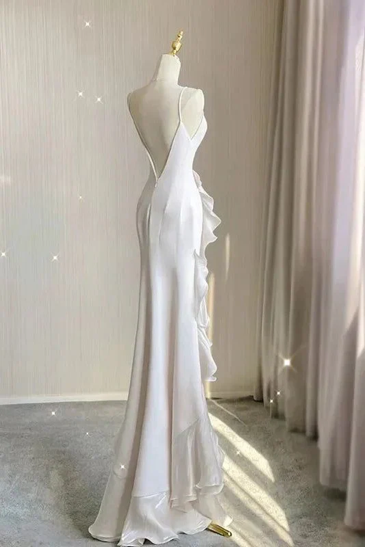Spaghetti Straps White Mermaid Evening Dress With Ruffles Backless Prom Dress SH1195