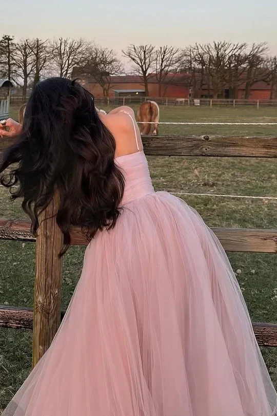 Elegant Pink Spaghetti Straps Tulle A Line Long Party Dress Wedding Guest Dress D1432
