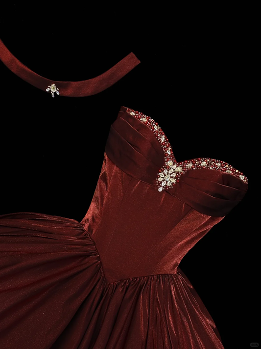Elegant Ball Gown Strapless Beaded Burgundy Satin Prom Dresses Birthday Dresses SH5048