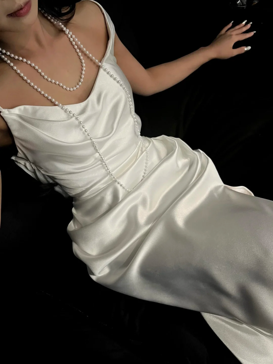 Elegant White Sheath Straps Satin Long Prom Dress Formal Gown Wedding Dress SH4187