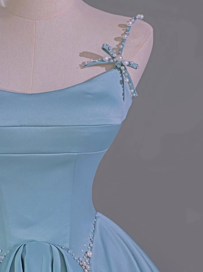 Blue A Line Spaghetti Strap Pearl Bow Satin Prom Dress Graduation Prom Dress SH2463
