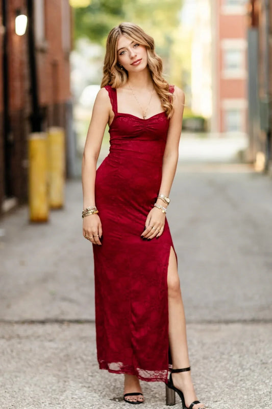 Lace Sweetheart Ruffle Straps Party Prom Dress With Leg Slit