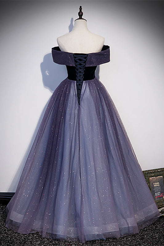 Sparkly A-Line Off-Shoulder Velvet And Tulle Prom Dress