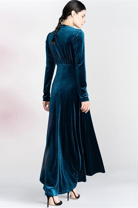 V-Neck Long Sleeves Empire A-Line Blue Velvet Party Prom Dress
