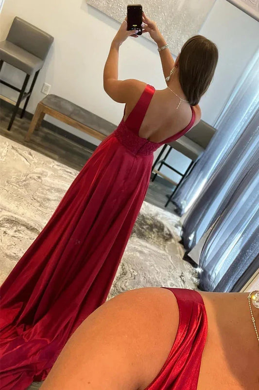 Low V-Neck Backless Satin A-Line Long Party Prom Dress With Slit