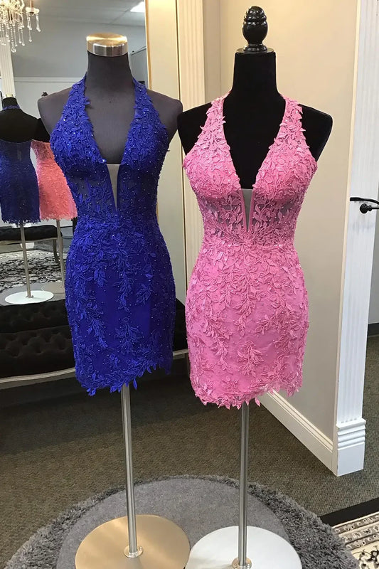 Low V-Neck Halter Fitted Lace Empire Homecoming Dress
