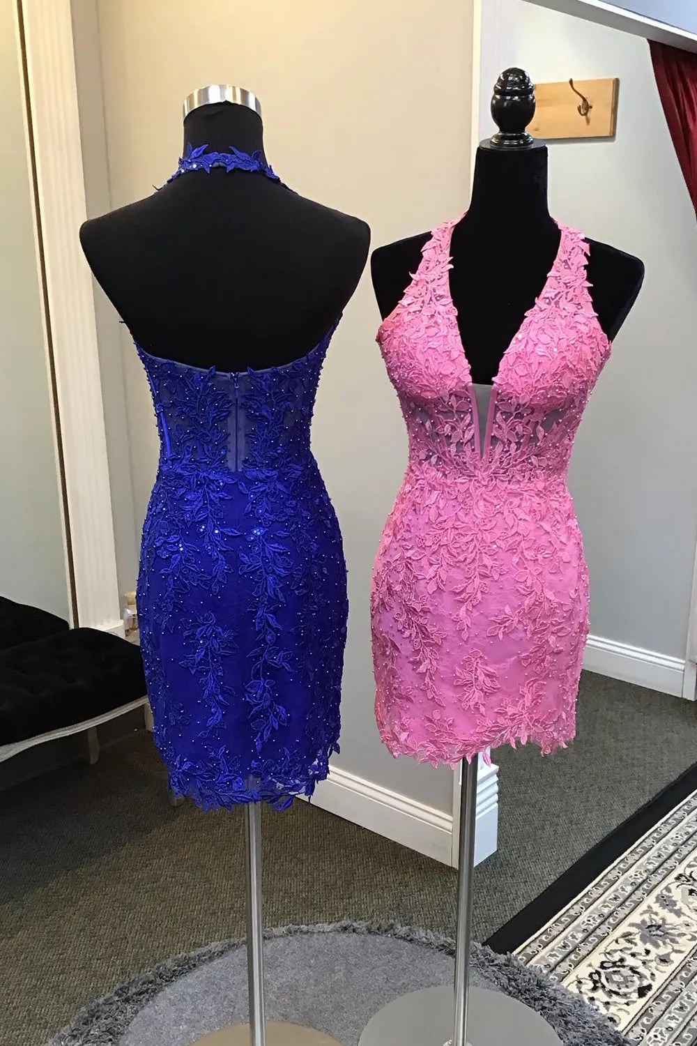 Low V-Neck Halter Fitted Lace Empire Homecoming Dress