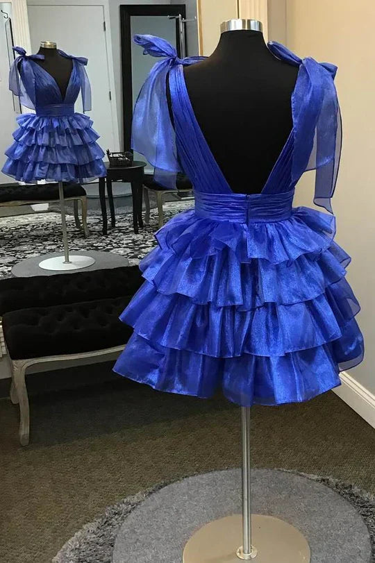 Low V-Neck Straps Backless Tulle A-Line Tiered Homecoming Dress