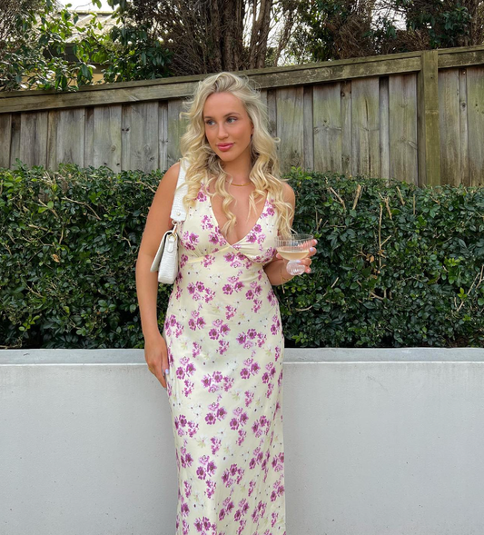 Simple A Line V Neck Print Floral Chiffon Prom Dress Evening Dress SH1604