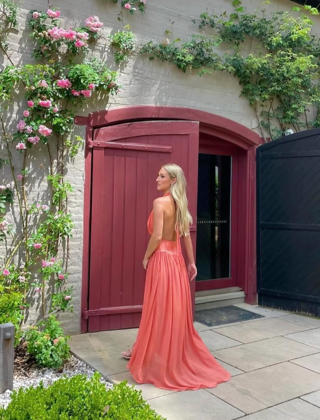 Sexy A Line V Neck Orange Chiffon Open Back Prom Dress Evening Dress SH2314
