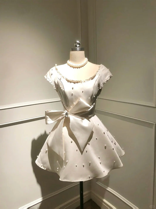 Cute A Line Crew Neck Pearl Crystal Bowknot Short Prom Dress Birthday Party Sweet 16 Dress D1782
