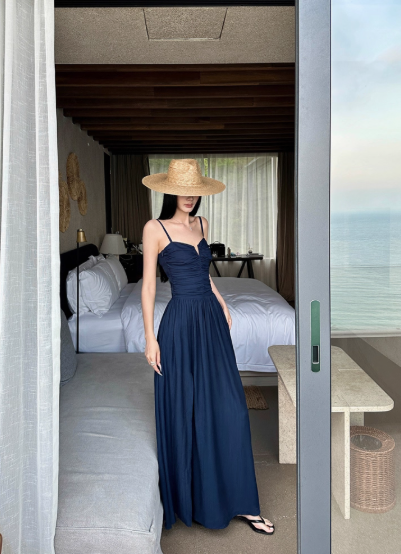 Beach Vacation Spaghetti Straps Backless Lace-up Pleated Long Dress High - Slit Skirt Dress Women Summer Dress D1848