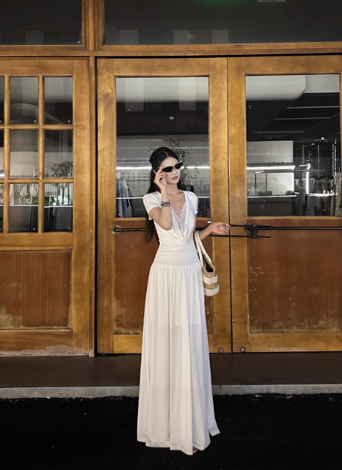 Elegant Lace V-neck Pleated Slim Fit Long Skirt Women Summer Dress Dating Dress D1851