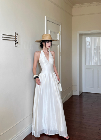 Elegant A Line Halter Lace-up with Bowknot Fold Tiered Long Skirt Women Summer Dress D1857