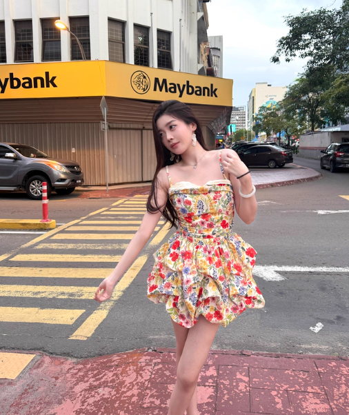 Colorful Spaghetti Straps Floral Pleated Short Skirt Women Summer Date Dress D1909