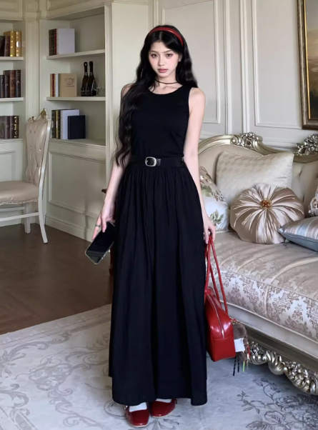 Elegant A Line Crew Neck Long Skirt Summer Seaside Dress Women Date Dress with Belt D1915