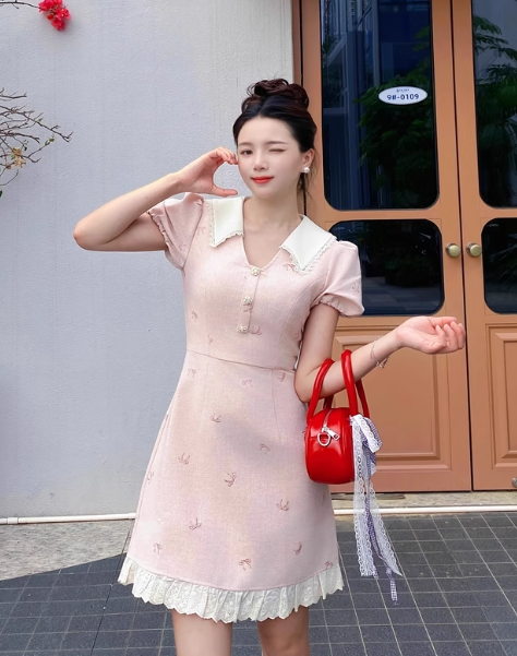 Cute A Line V-neck Bowknot Pleated Casual Dress Short Women Skirt Summer Date Dress D1924