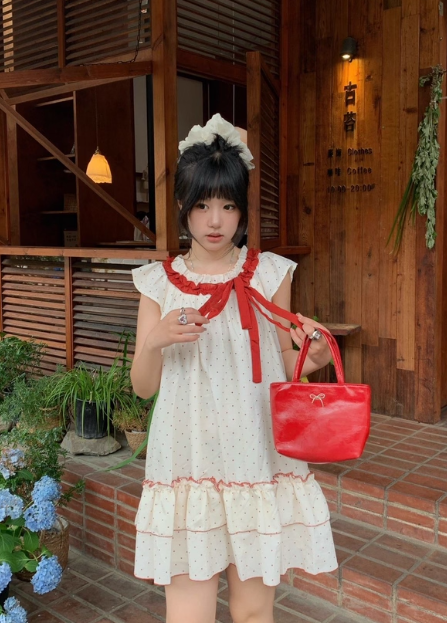 Cute Polka Dots Lace-up Pleated Ruffle Short Women Dress Sweet Dress Date Dress D1925