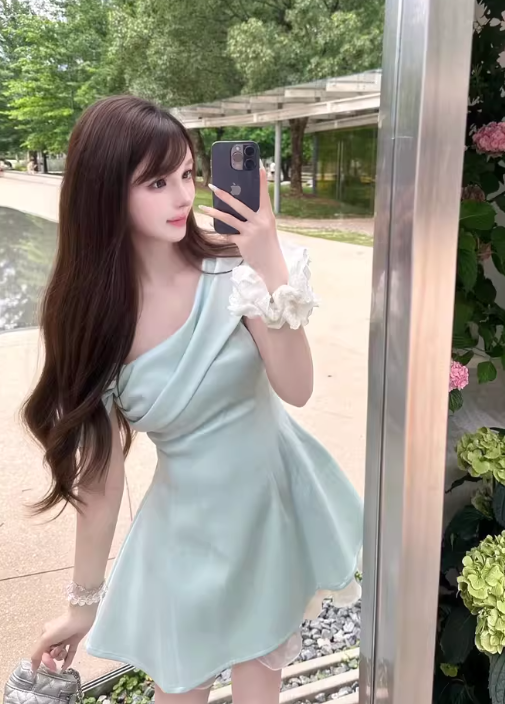 Beauty A Line Astmmetrical Neck Pleated RuffleTulle Skirt Women Summer Date Dress D1927