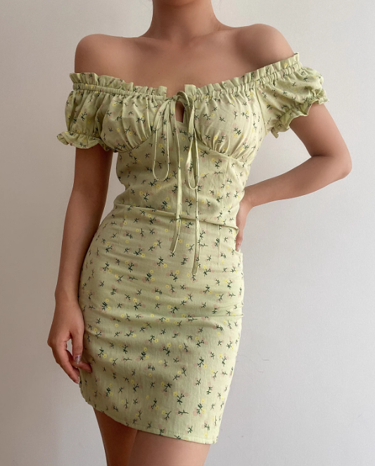 Cute Off the Shoulder Pleated Lace up Print Floral Fitted Short Skirt Women Summer Dress Date Dress D2040