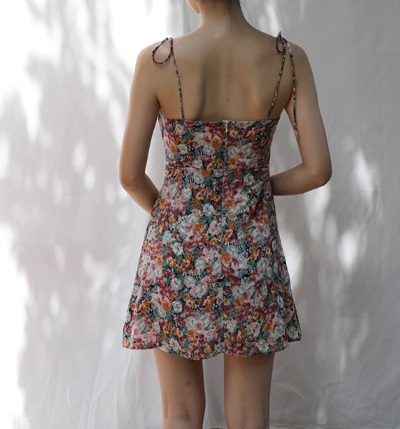 Cute A Line Spaghetti Straps Oil Painting Floral Short Skirt Party Dress Women Summer Vacation Dress D2090