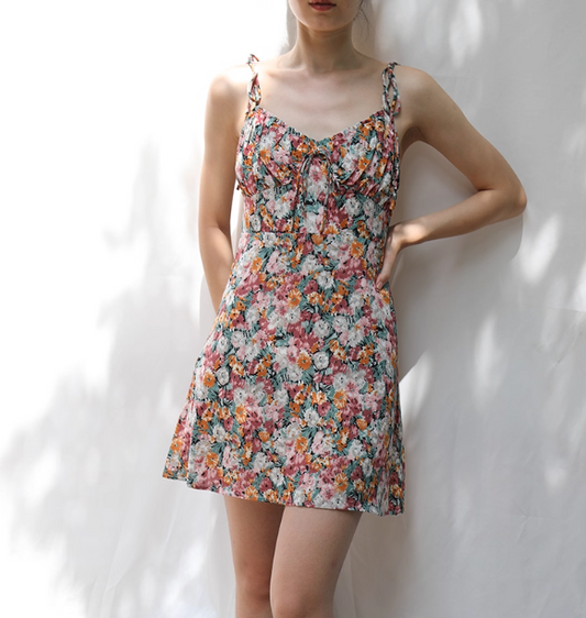 Cute A Line Spaghetti Straps Oil Painting Floral Short Skirt Party Dress Women Summer Vacation Dress D2090