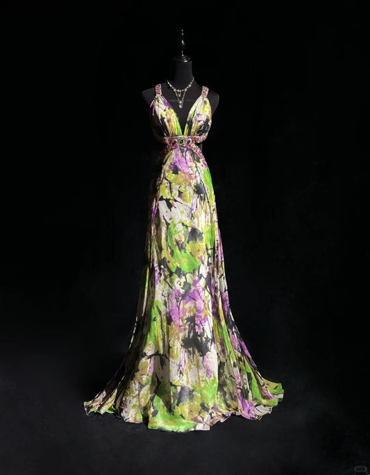 Beauty Spaghetti Straps Print Floral Backless Mermaid Prom Dress Evening Dress D2118