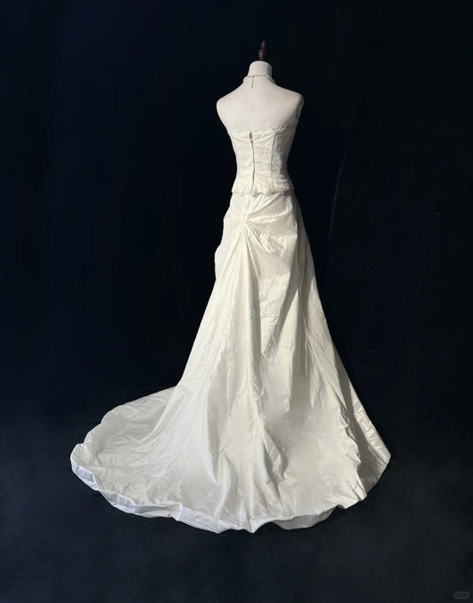 Elegant A Line Strapless Lace Floor Length Prom Dress Wedding Dress Evening Dress Party Dress D2124