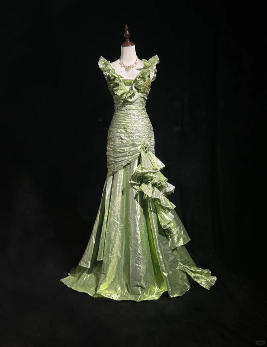 Beauty Ruffle Sequins Pleated Floor Length Prom Dress Evening Dress Gala Dress D2163