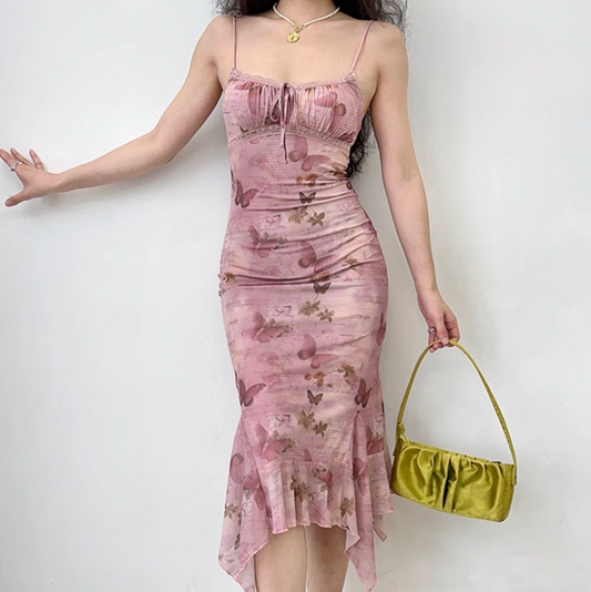 Beauty Spaghetti Straps Asymmetrical Hem Print Butterfly Skirt Women Teenage Girl Summer Date Dress Vacation Dress D2179