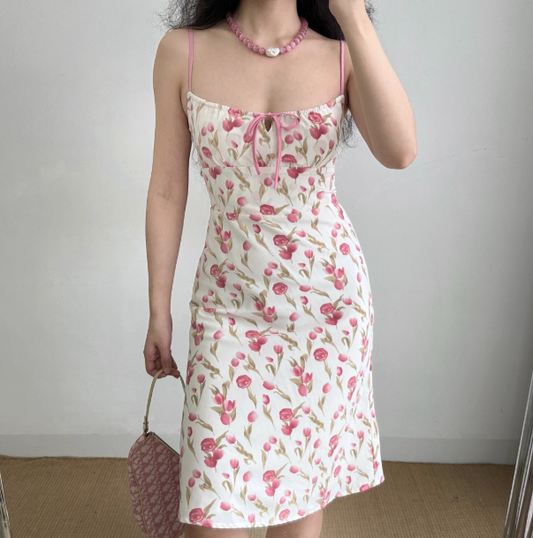 Cute A Line Spaghetti Straps Lace up Print Women Teenage Girl Summer Date Dress Seaside Dress D2183