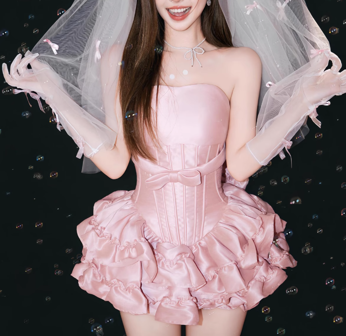 Charming Pink Strapless Ruffle Short Prom Dress Back to School Outfits Homecoming Dress Sweet 16 Dress Party Dress D2200