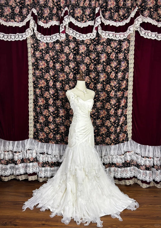 Elegant Asymmetrical Shoulder Pleated Flower Floor Length Prom Dress Evening Dress Wedding Dress D2226