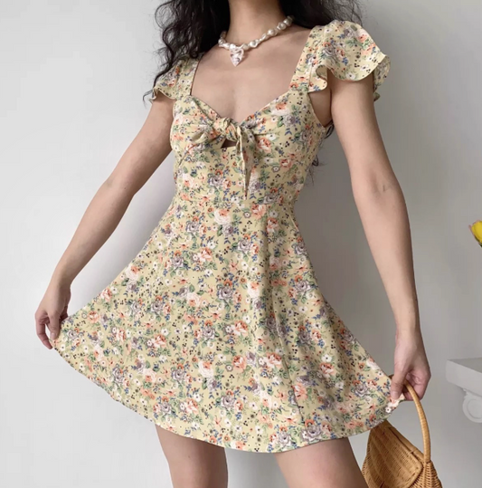 Cute Summer Dress A Line Lace up Print Short Skirt Women Teenage Girl Dress Vacation Outfits D2267