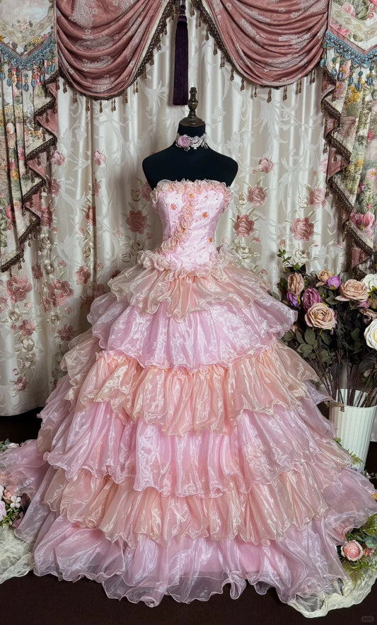 Cute Prom Dress Strapless Pleated Tiered Ball Gown Evening Dress Gala Dress Masquerade Ball D2488