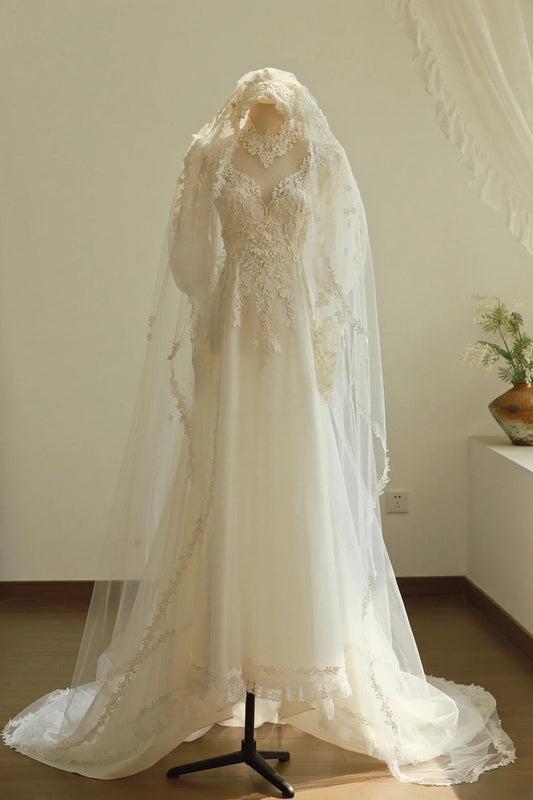 Elegant A Line Lace Floral Wedding Dress D2816