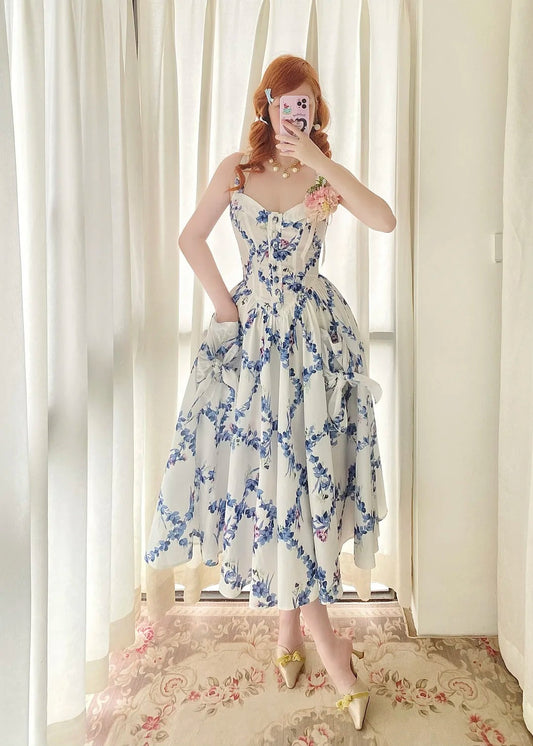 Charming Summer Dress A Line Spaghetti Straps Pleated Print Women Date Dress Vacation Dress D2860
