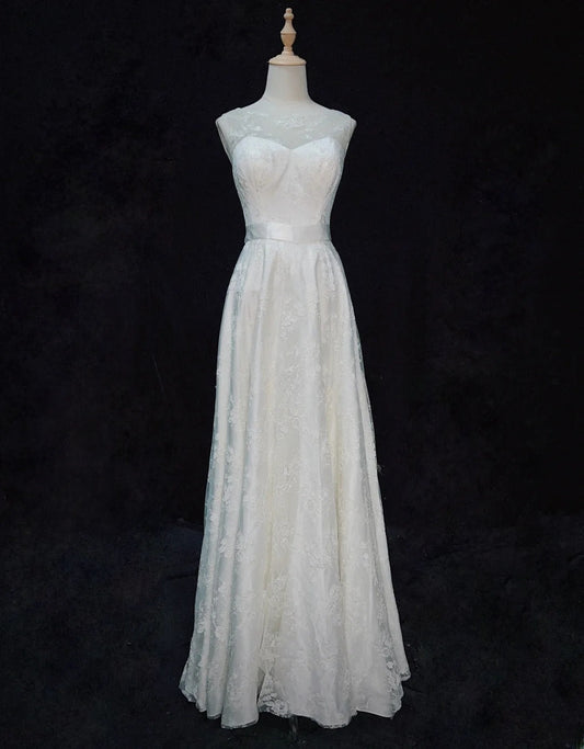 Elegant A Line Crew Neck Embroidered Wedding Dress D2896