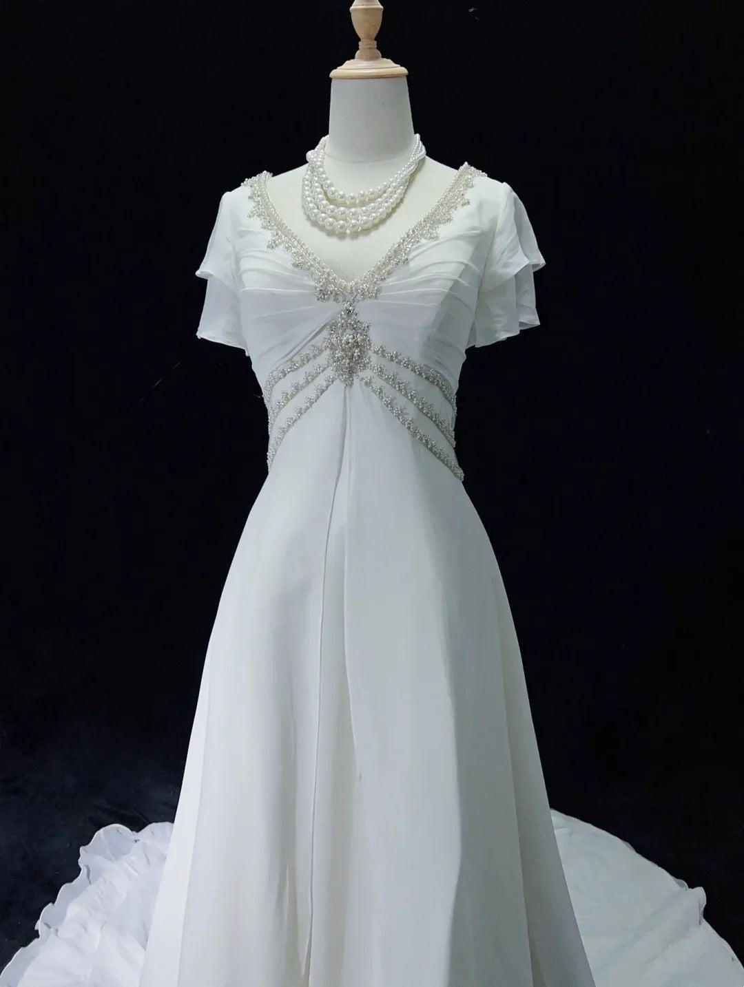 Elegant A Line V-neck Pleated Beading Wedding Dress D2897