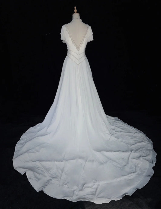 Elegant A Line V-neck Pleated Beading Wedding Dress D2897