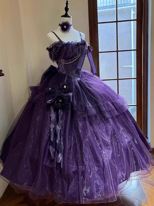 Beauty Prom Dress Purple Spaghetti Straps Pleated Tulle Ball Gown Evening Dress Quinceanera Dress D2930