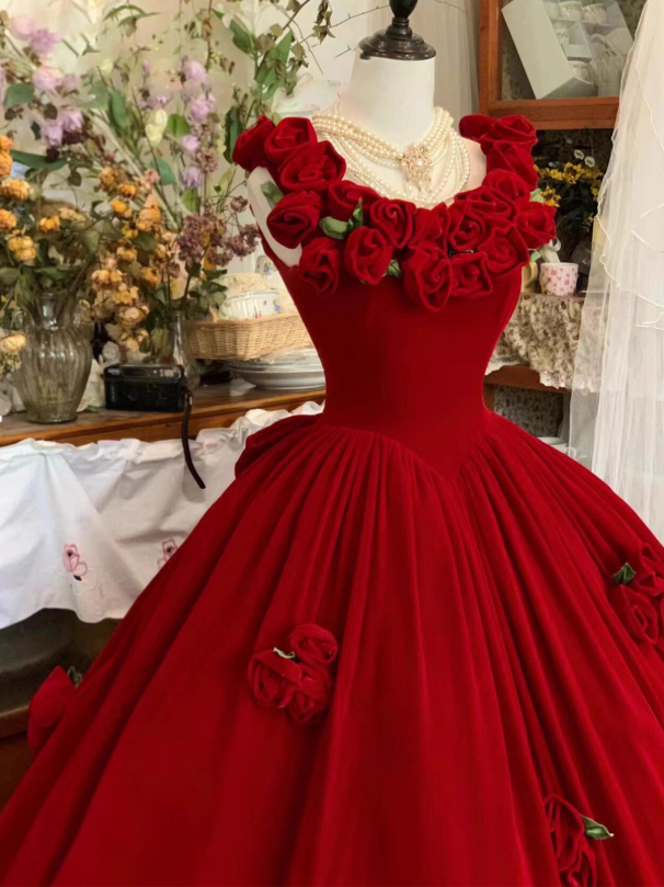 Cute Prom Dress Red Crew Neck Ruffle Pleated Ball Gown Quinceanera Dress Princess Dresses D2939