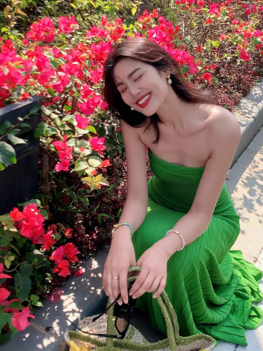 Charming Women Dress Green Strapless Pleated Summer Date Dress Seaside Party Dress D2959