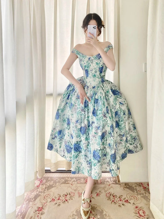 Beauty Prom Dress Off Shoulder Pleated Print Evening Dress Birthday Party Dress Gala Dress D3021