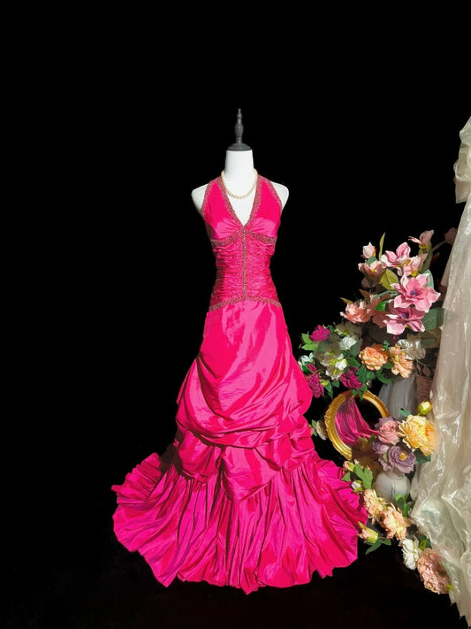 Charming Prom Dress Hot Pink A Line Halter Pleated Evening Dress Gala Dress D3104