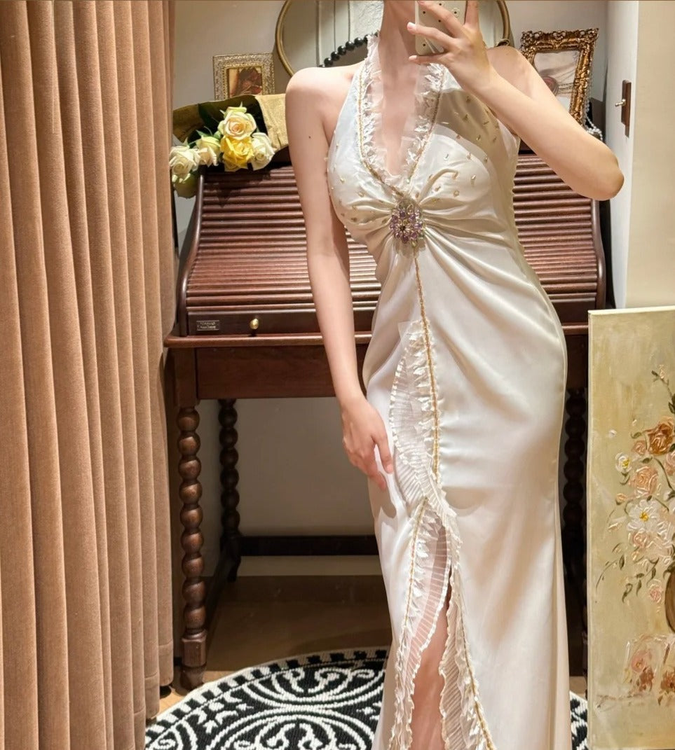 Elegant Halter Pleated Slit Wedding Dress D3124